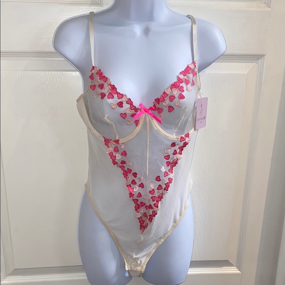 Bed of Roses Lingerie Sheer Heart Embroidered Bodysuit Teddy Thong Size Large